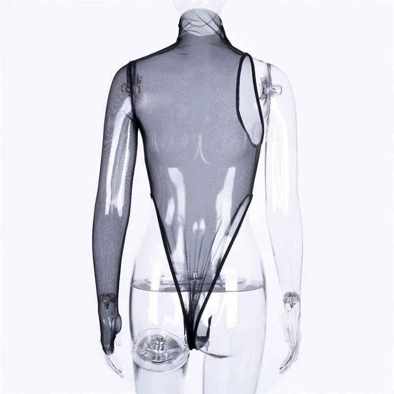 Sheer mesh see through one shoulder irregular gloves bodysuit