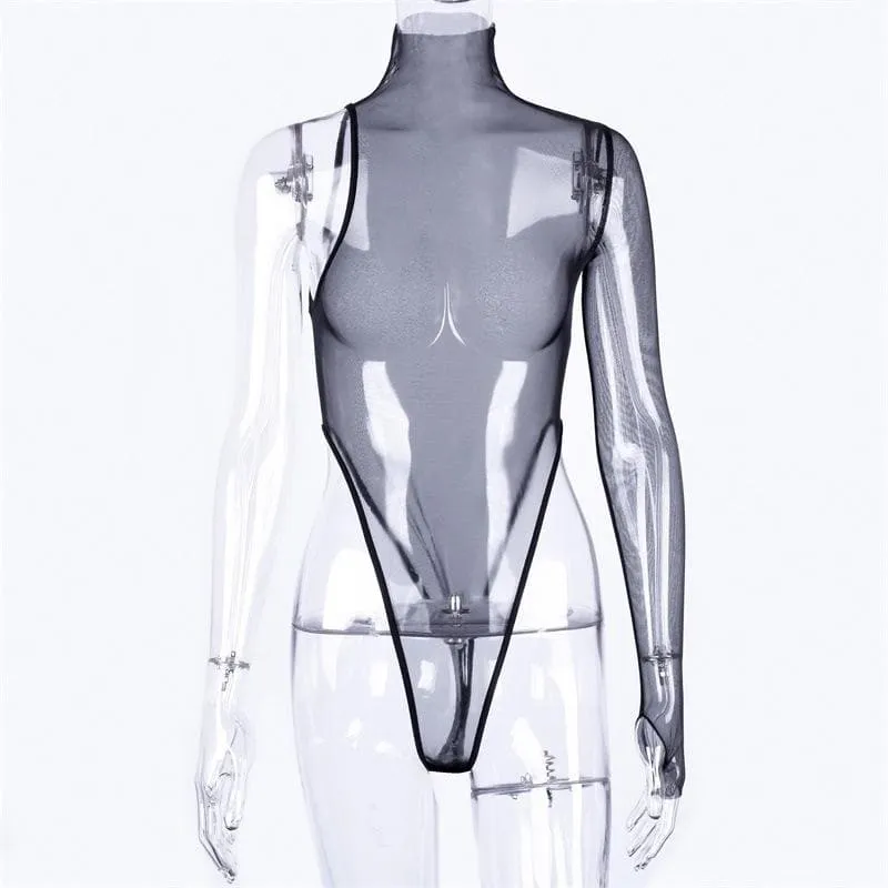 Sheer mesh see through one shoulder irregular gloves bodysuit