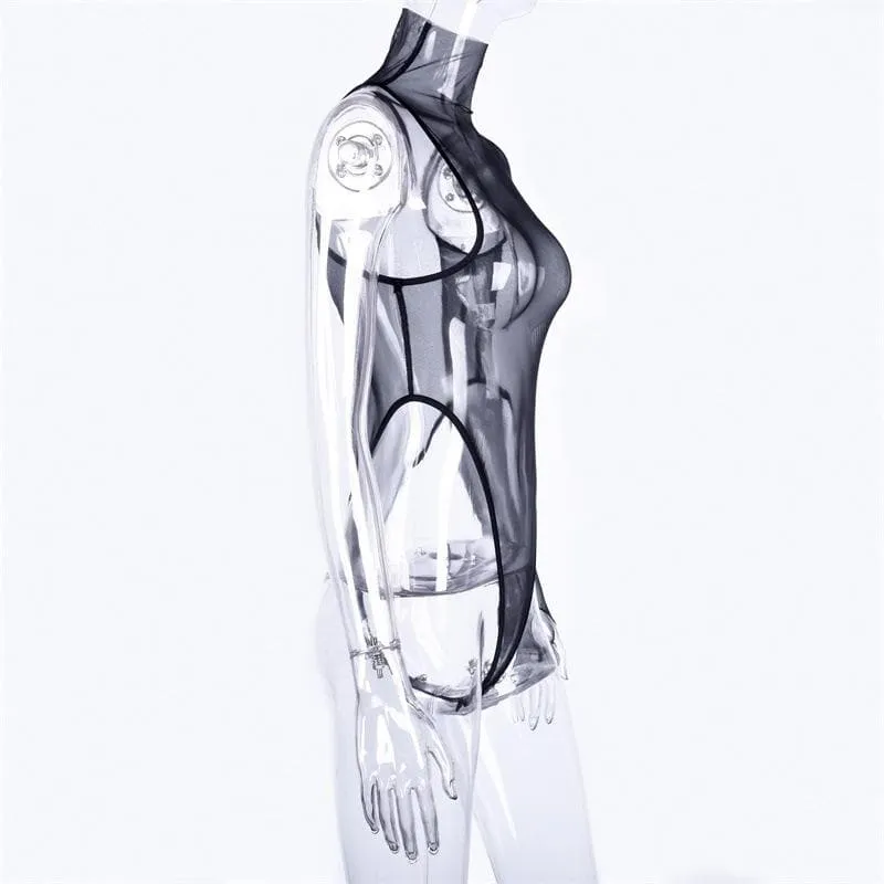 Sheer mesh see through one shoulder irregular gloves bodysuit