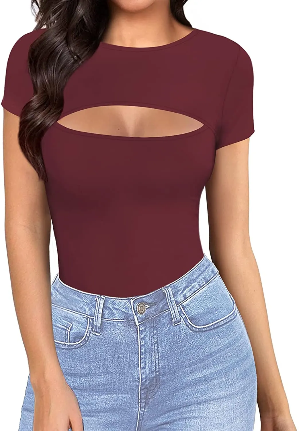 Short Sleeve Burgundy Cutout Front Bodysuit