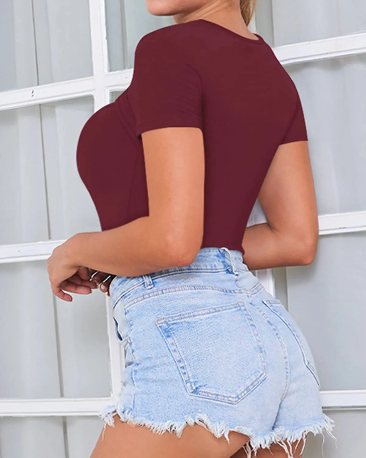 Short Sleeve Burgundy Cutout Front Bodysuit