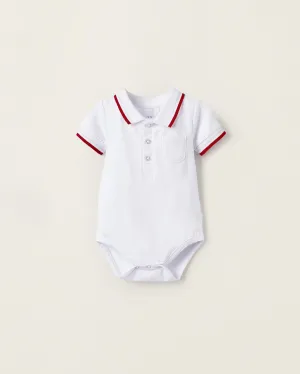 Short Sleeve Polo Bodysuit in Cotton for Newborn Boys, White