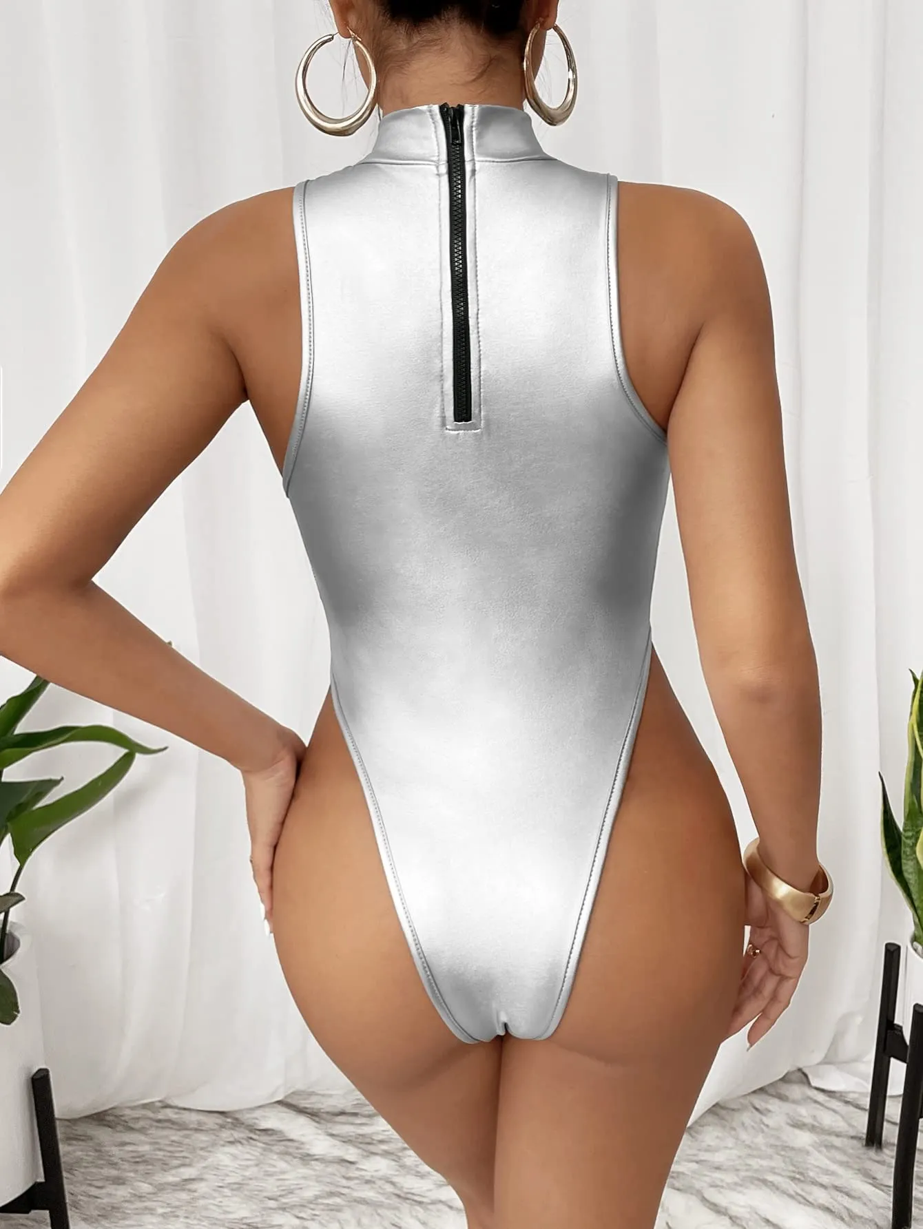 Silver Plain Faux Leather Deep V Neck Bodysuit