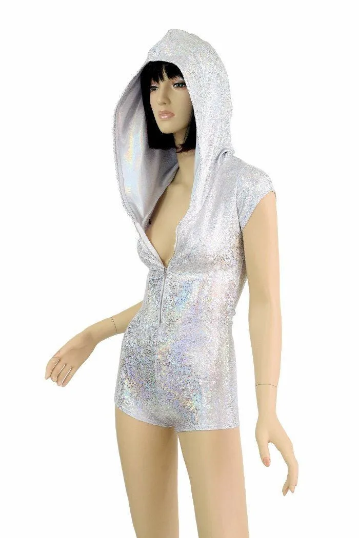 Silvery Zipper Front Hoodie Romper