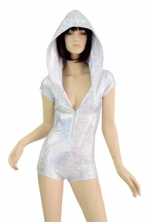 Silvery Zipper Front Hoodie Romper