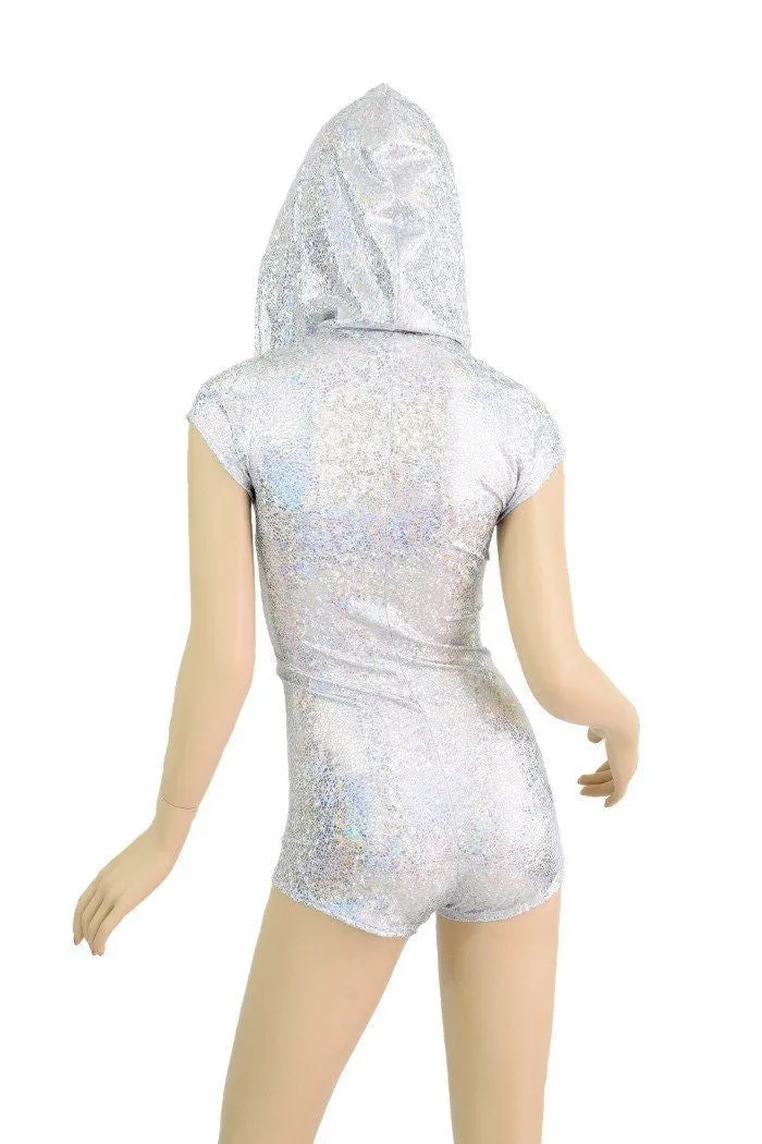 Silvery Zipper Front Hoodie Romper