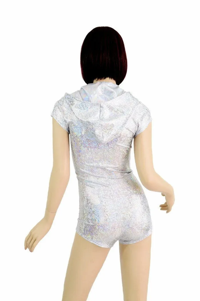 Silvery Zipper Front Hoodie Romper