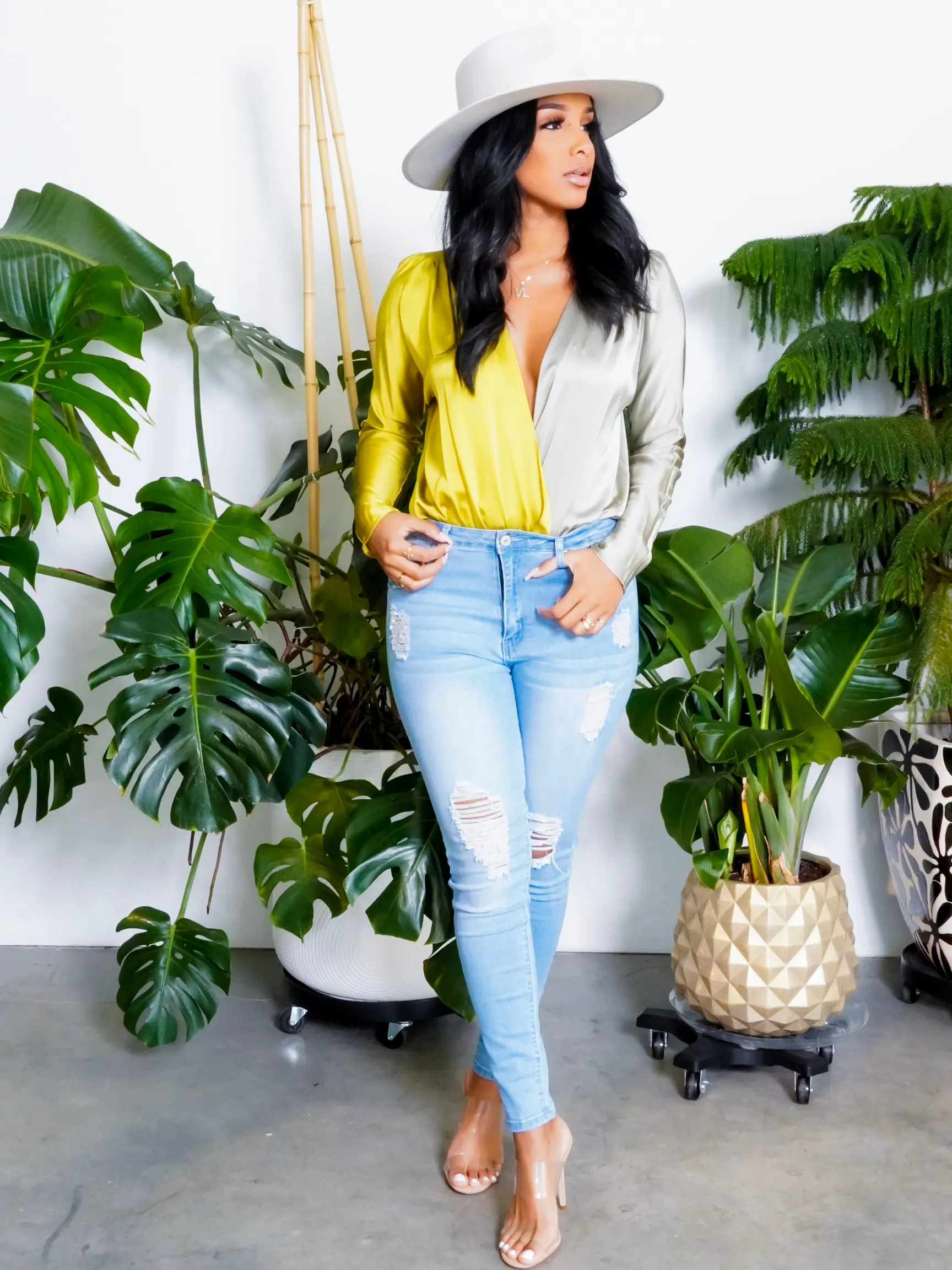 Slay Sis | Deep V Bodysuit  Chartreuse/ Olive FINAL SALE