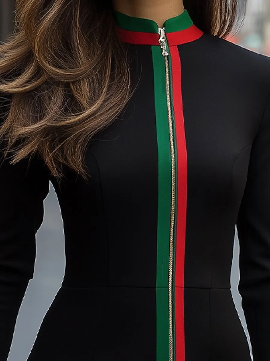 Sleek Black Dress with Signature Stripe Detail