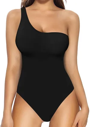 Sleeveless Black One Shoulder Tank Top Bodysuit