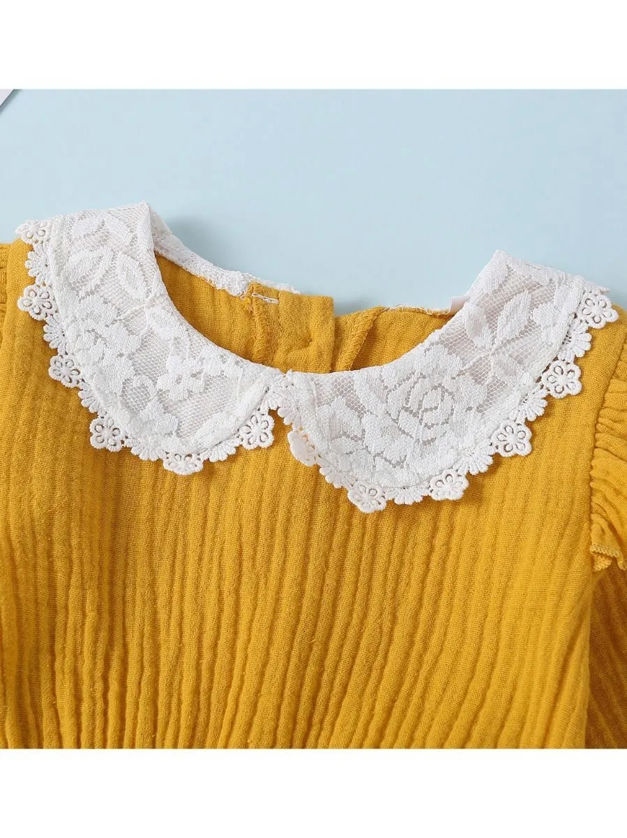 Solid Color Flower Trim Collar Muslin Baby Dress
