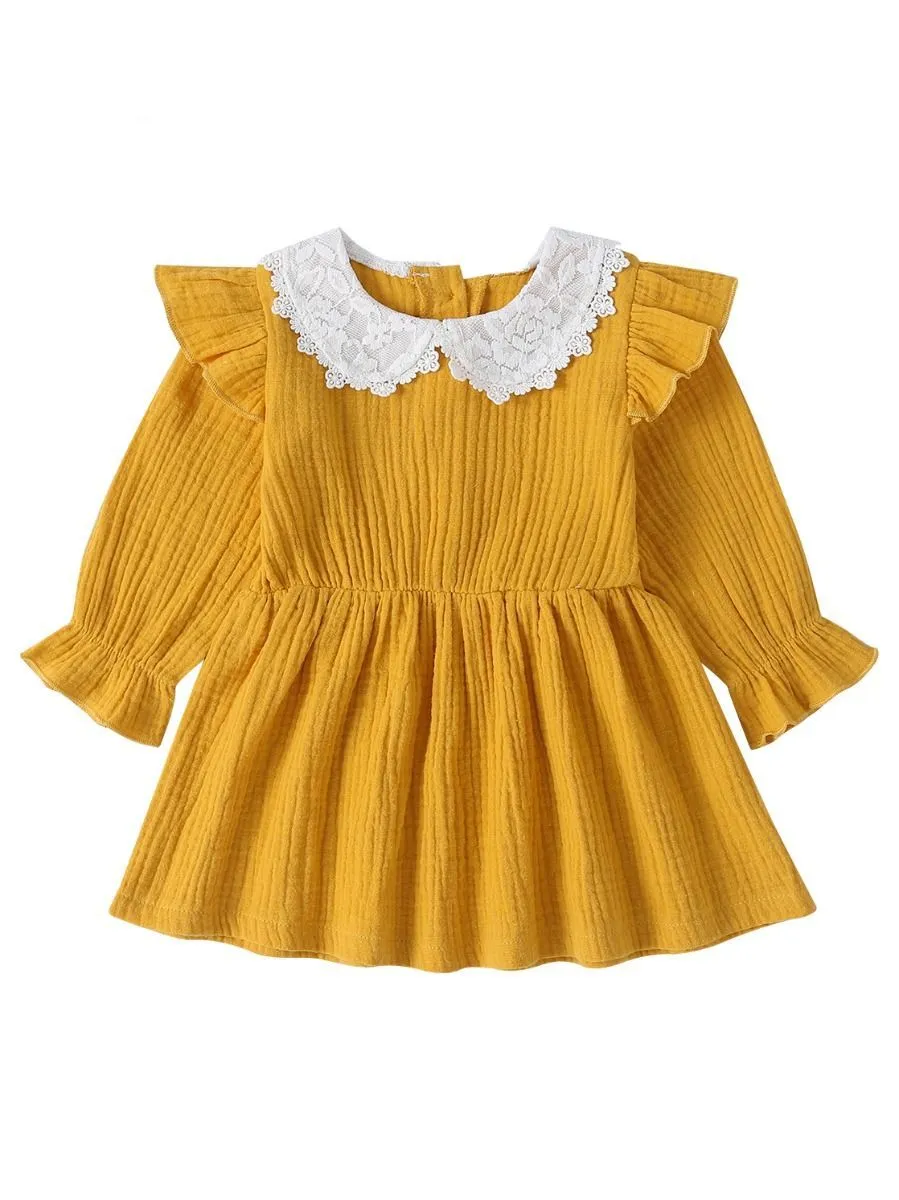 Solid Color Flower Trim Collar Muslin Baby Dress