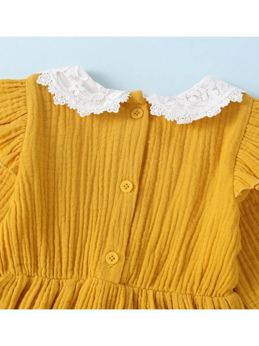Solid Color Flower Trim Collar Muslin Baby Dress