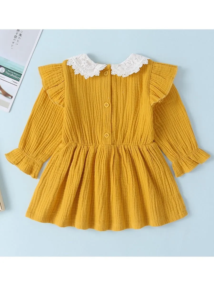 Solid Color Flower Trim Collar Muslin Baby Dress