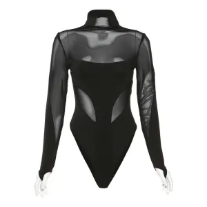Solid long sleeve mesh gloves high neck patchwork bodysuit