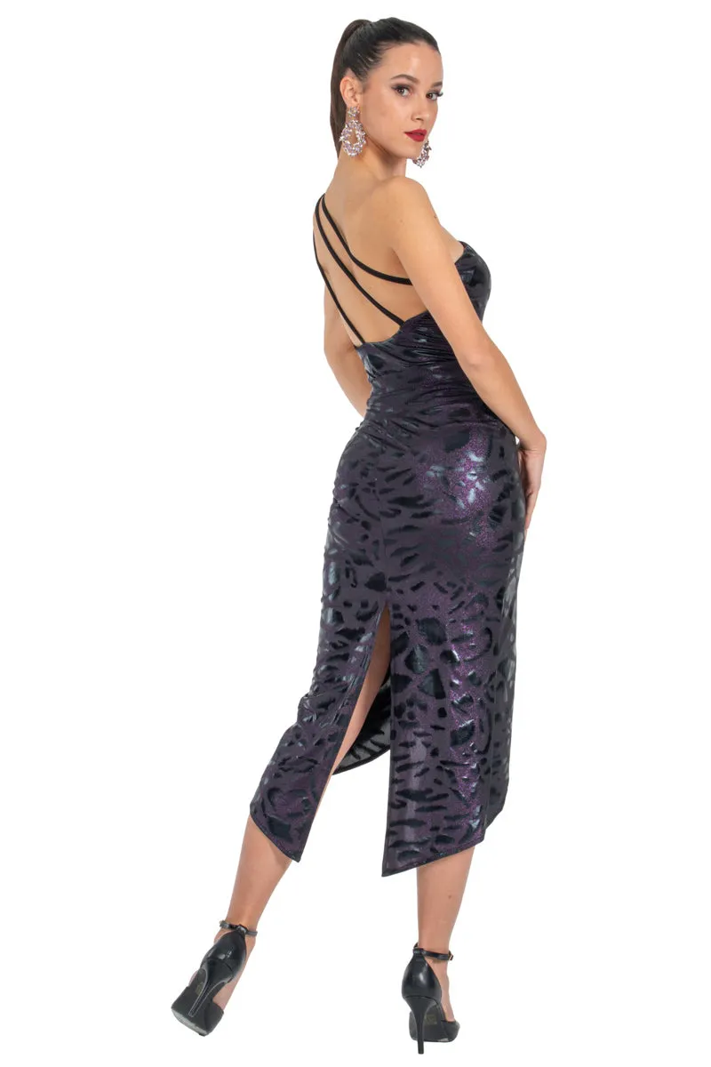 Sparkling Purple Animal Print Tango Skirt With Curved Front Slit