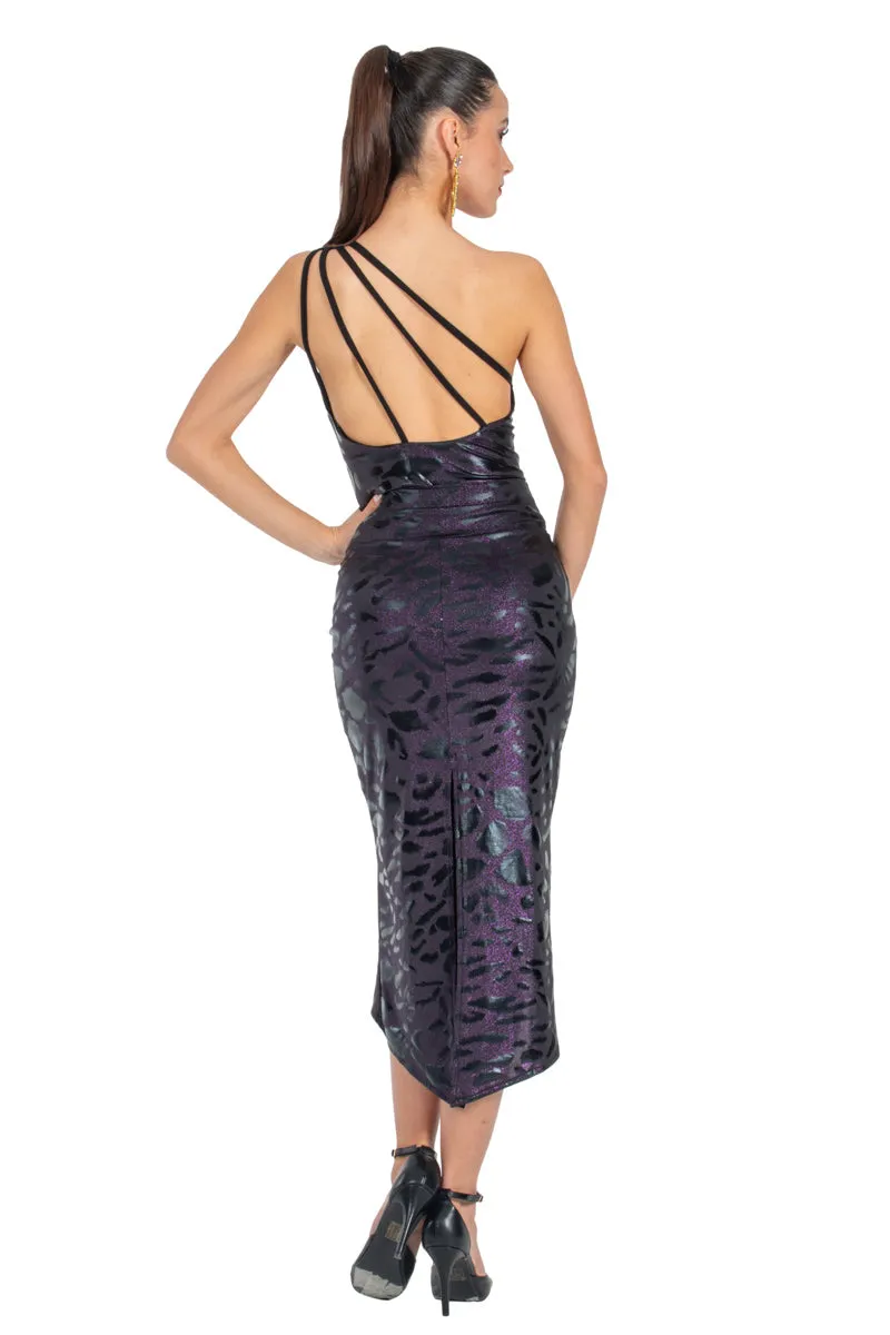 Sparkling Purple Animal Print Tango Skirt With Curved Front Slit