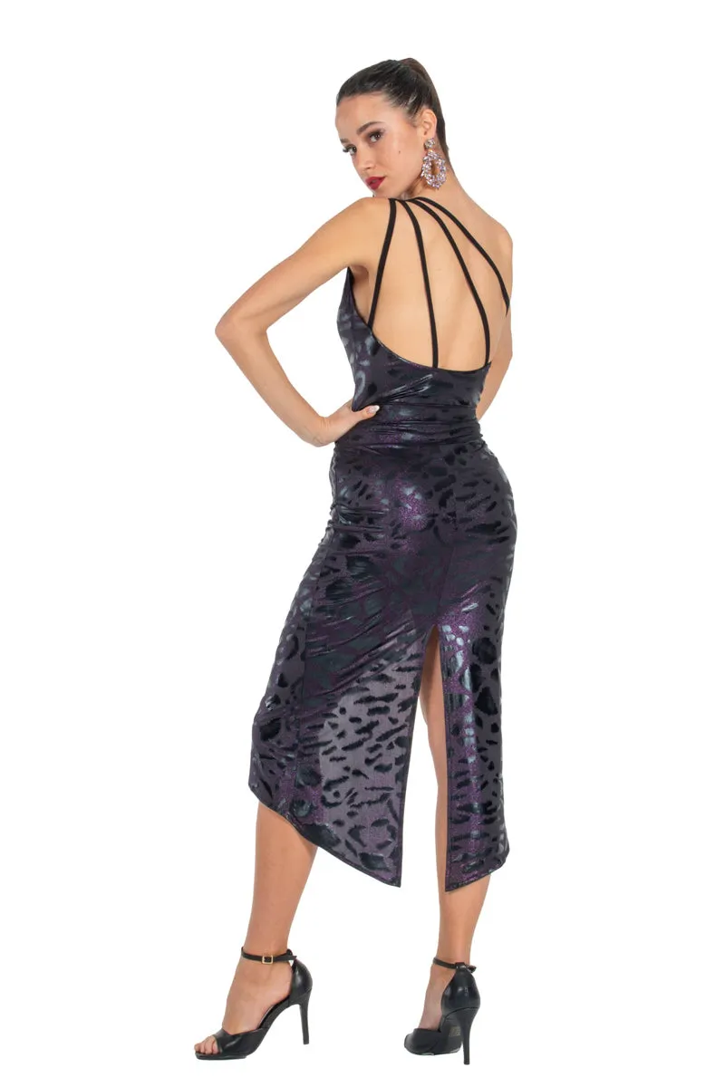 Sparkling Purple Animal Print Tango Skirt With Curved Front Slit