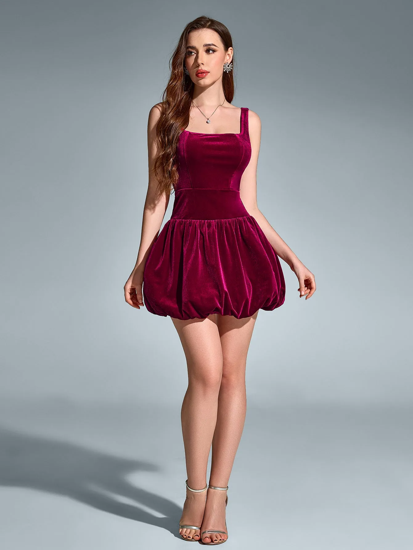 Square Neck Backless Velvet Pleated Hem Dress