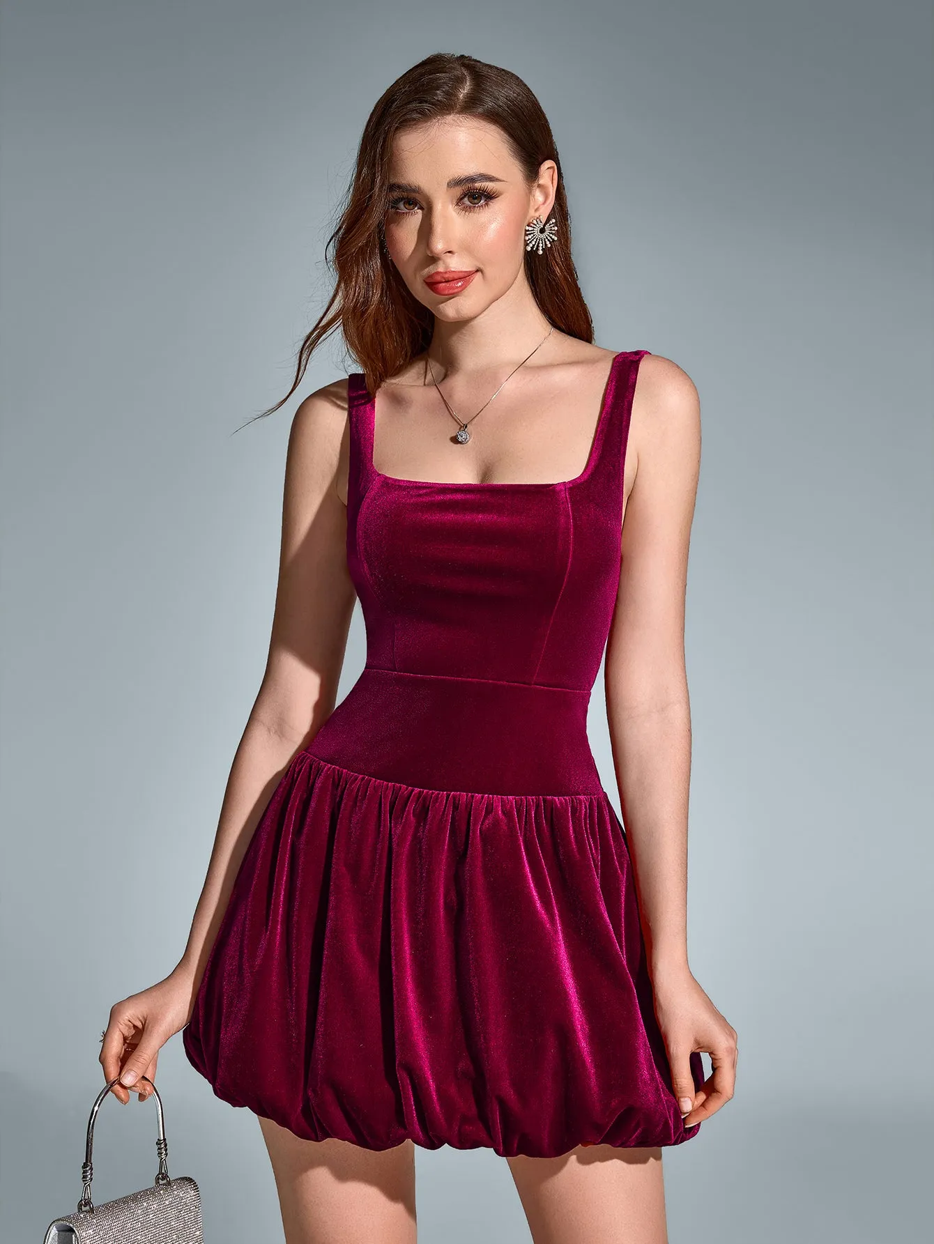 Square Neck Backless Velvet Pleated Hem Dress