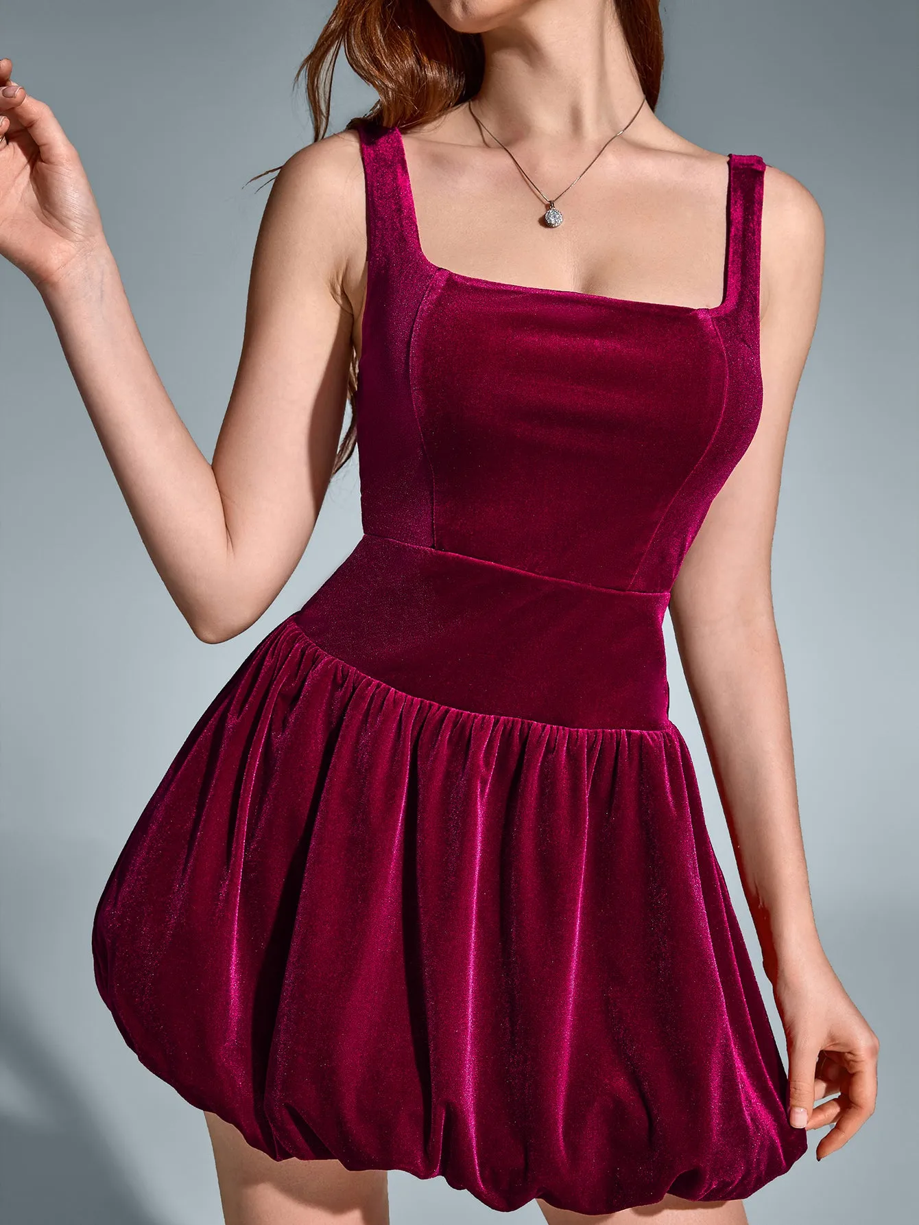 Square Neck Backless Velvet Pleated Hem Dress