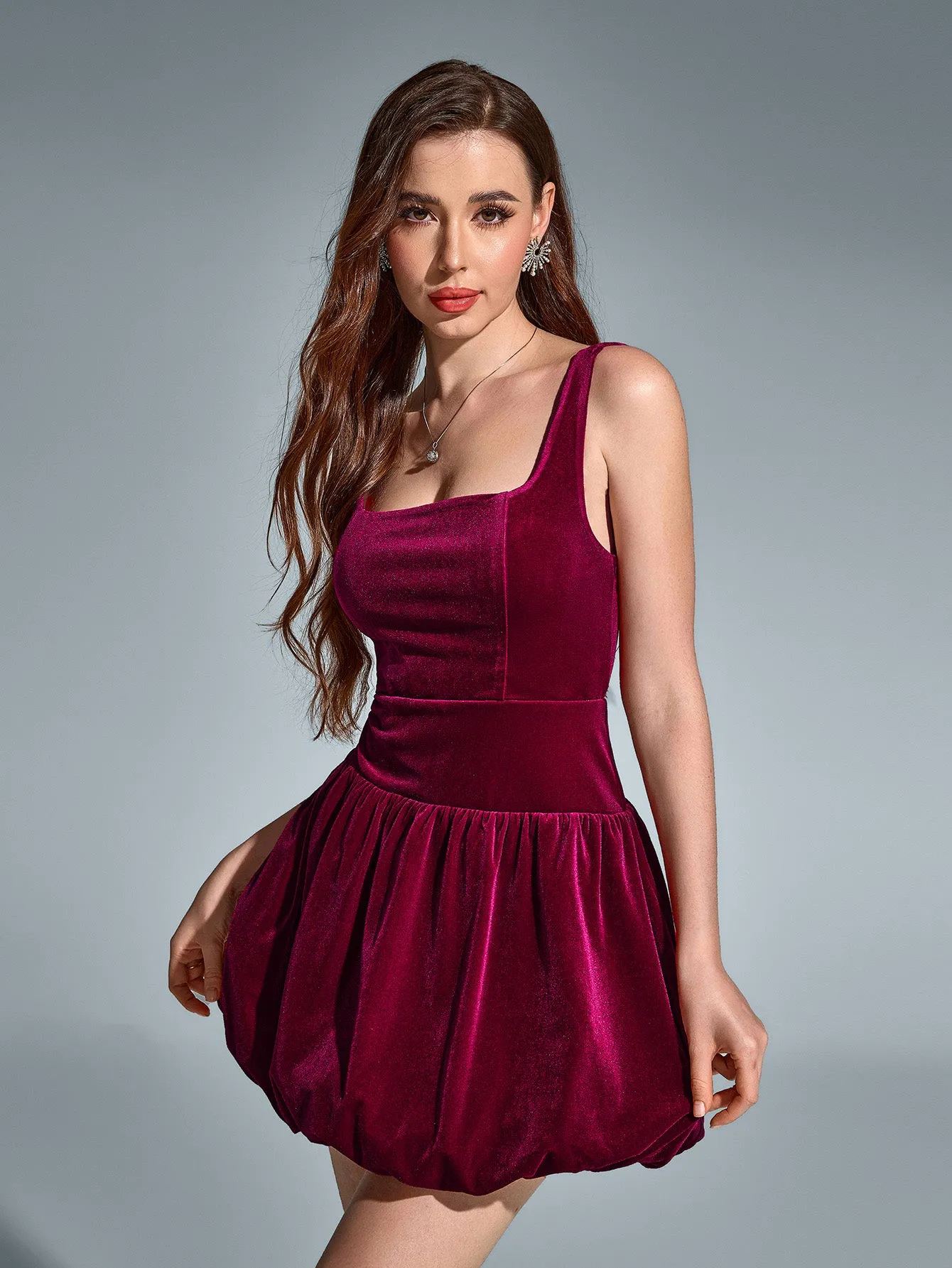 Square Neck Backless Velvet Pleated Hem Dress