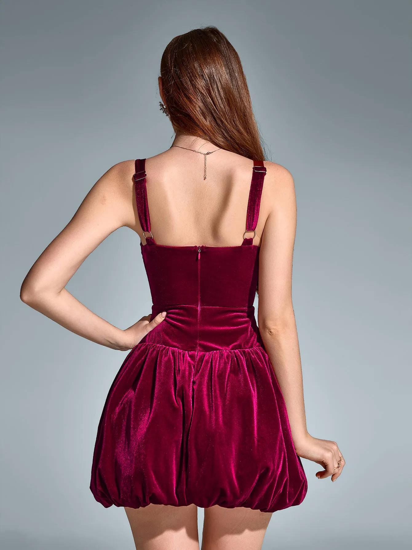 Square Neck Backless Velvet Pleated Hem Dress