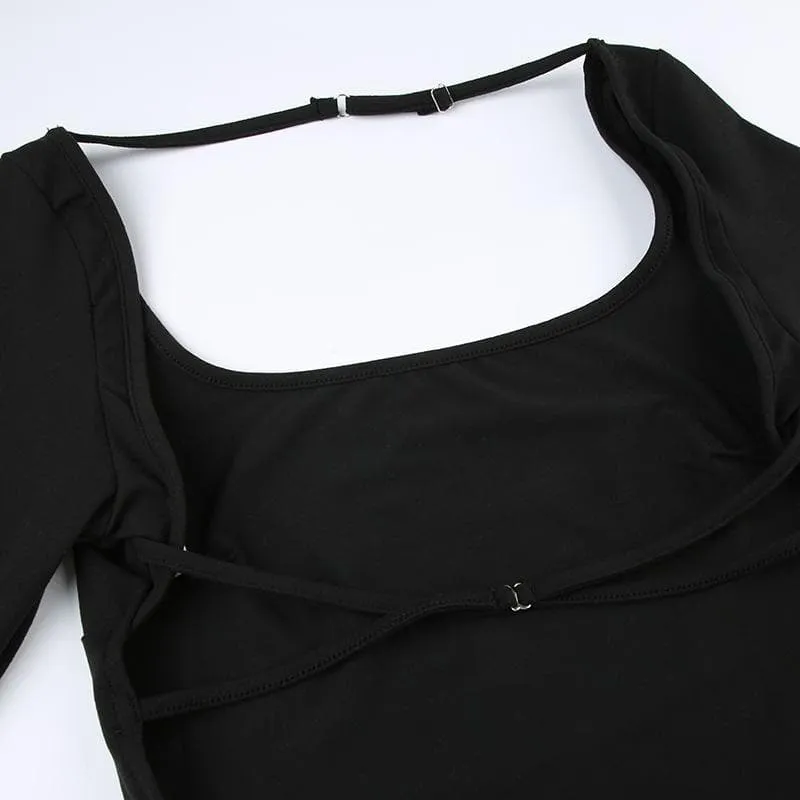 Square neck solid long sleeve backless cross back bodysuit