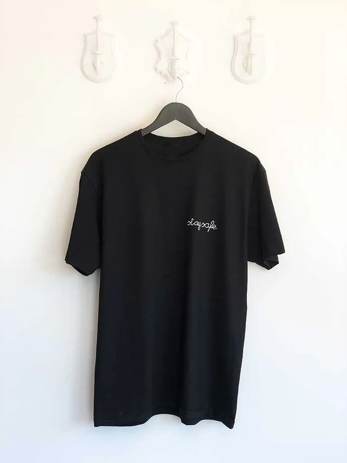Stay Safe Hand Embroidered T-Shirt, Custom Phrase Long Black Embroidered T-Shirt