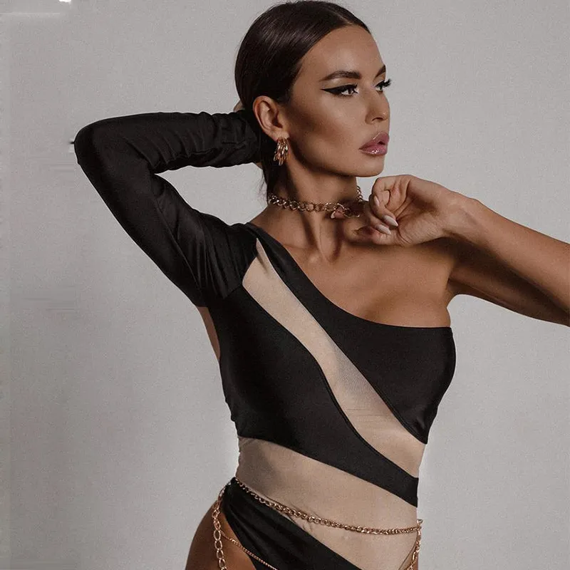Stripe One Shoulder Full Sleeve Bodysuit