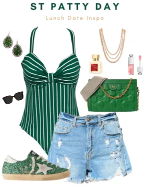 Striped Bow Bodysuit: Green