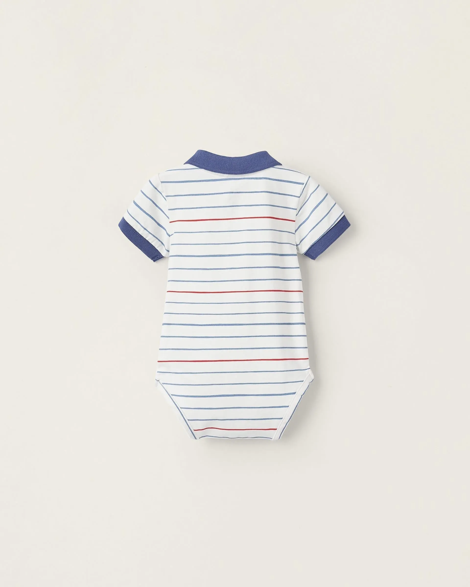 Striped Cotton Polo Bodysuit for Newborn Boys, White/Red/Blue
