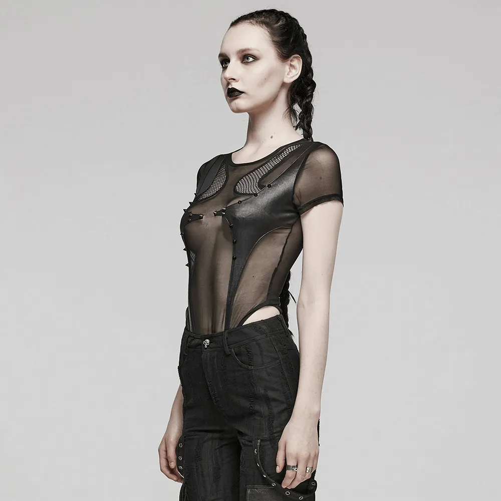 Stylish Sexy Black Sheer Mesh Bodysuit with Inserts