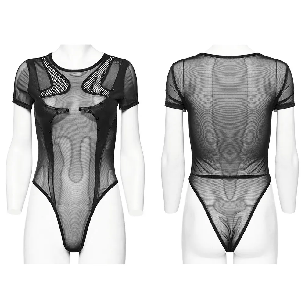 Stylish Sexy Black Sheer Mesh Bodysuit with Inserts