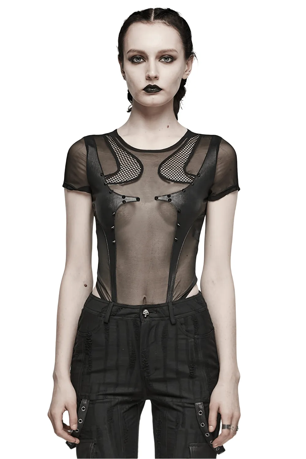 Stylish Sexy Black Sheer Mesh Bodysuit with Inserts