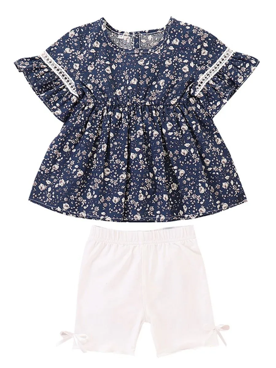 Summer Baby Toddler Girl Outfits Floral Flare Sleeve Tunic White Shorts