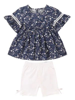 Summer Baby Toddler Girl Outfits Floral Flare Sleeve Tunic White Shorts