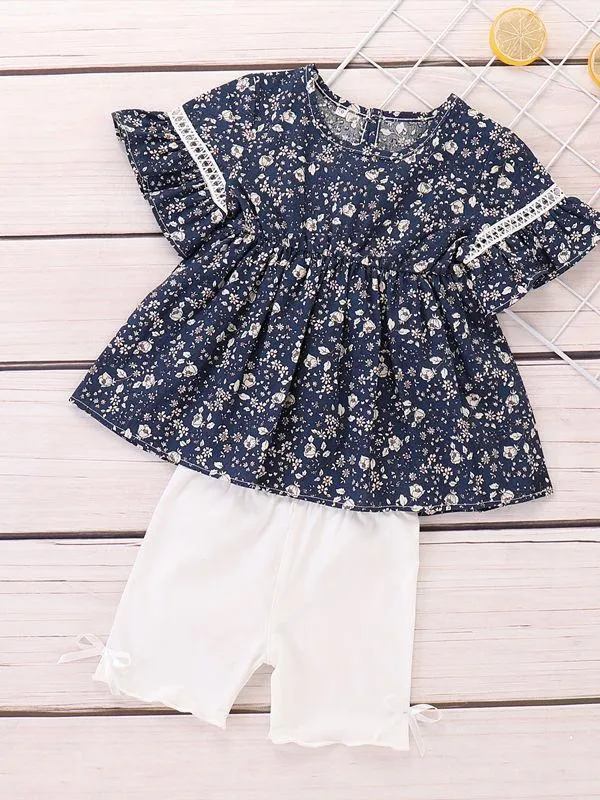 Summer Baby Toddler Girl Outfits Floral Flare Sleeve Tunic White Shorts
