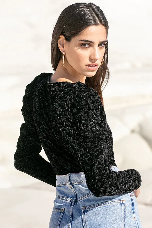 Sun Sea & Roses – Maia Puff Sleeve Velvet Bodysuit Black