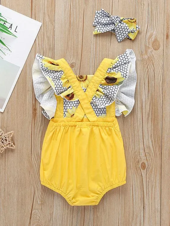 Sunflower Pattern 2-Piece Flutter Sleeve Baby Bodysuit Matching Headband