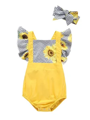 Sunflower Pattern 2-Piece Flutter Sleeve Baby Bodysuit Matching Headband