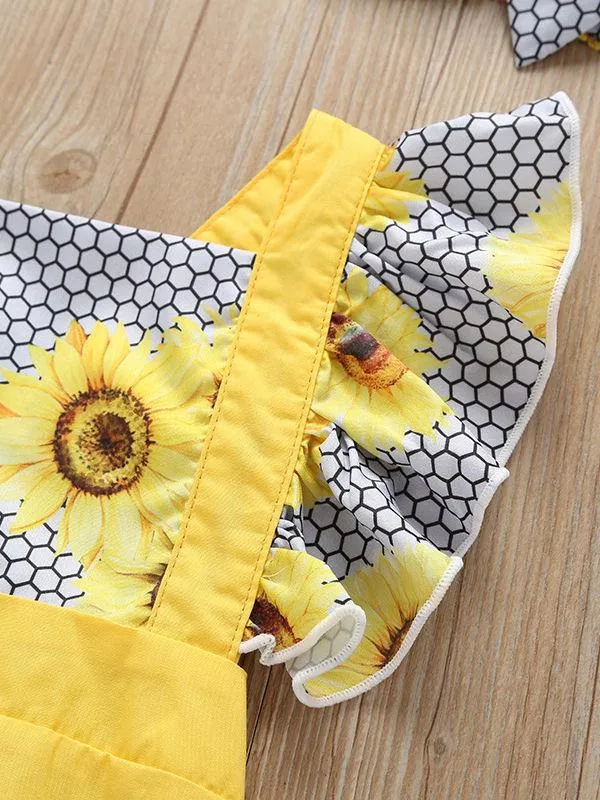 Sunflower Pattern 2-Piece Flutter Sleeve Baby Bodysuit Matching Headband