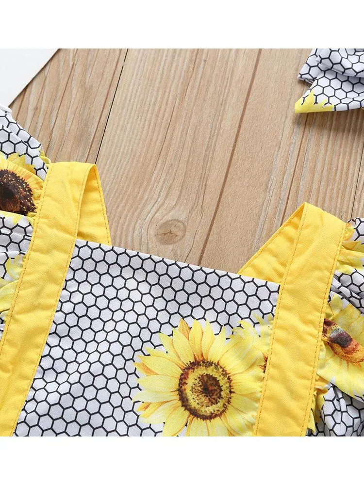 Sunflower Pattern 2-Piece Flutter Sleeve Baby Bodysuit Matching Headband
