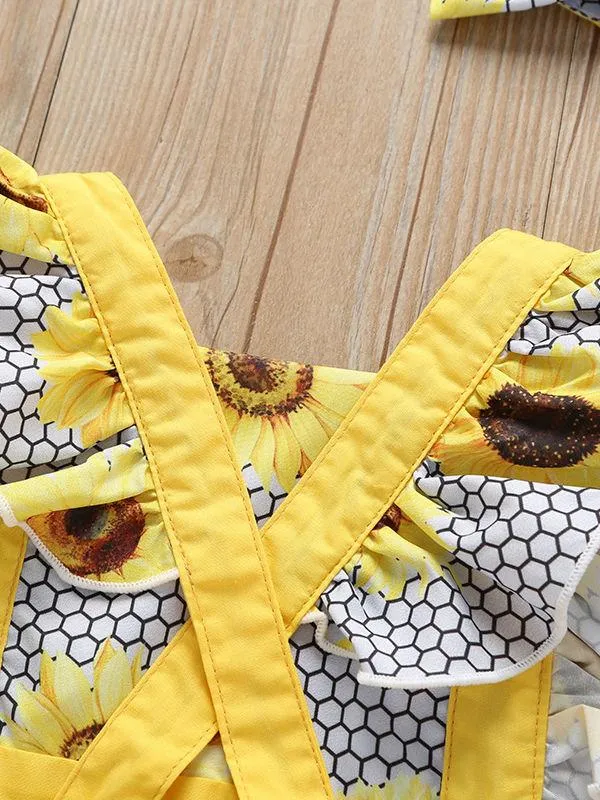 Sunflower Pattern 2-Piece Flutter Sleeve Baby Bodysuit Matching Headband