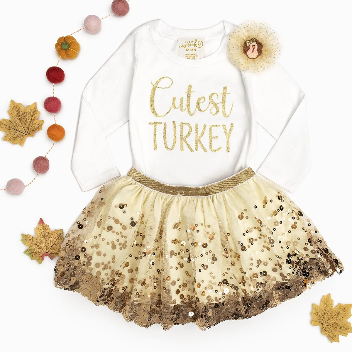 Sweet Wink Cutest Turkey Long Sleeve Bodysuit - White