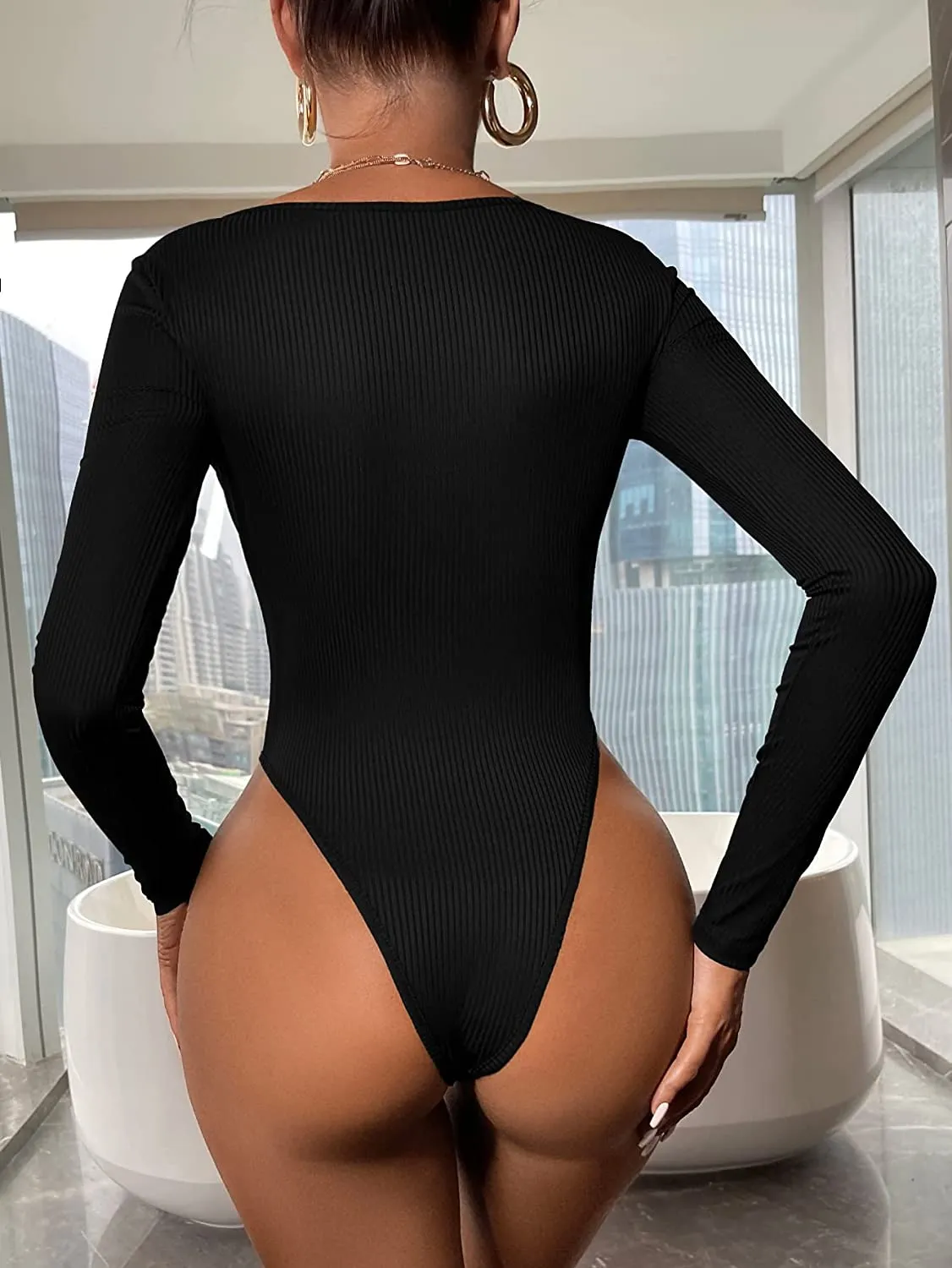 Sweetheart Neck Black Ribbed Knit Bodysuit