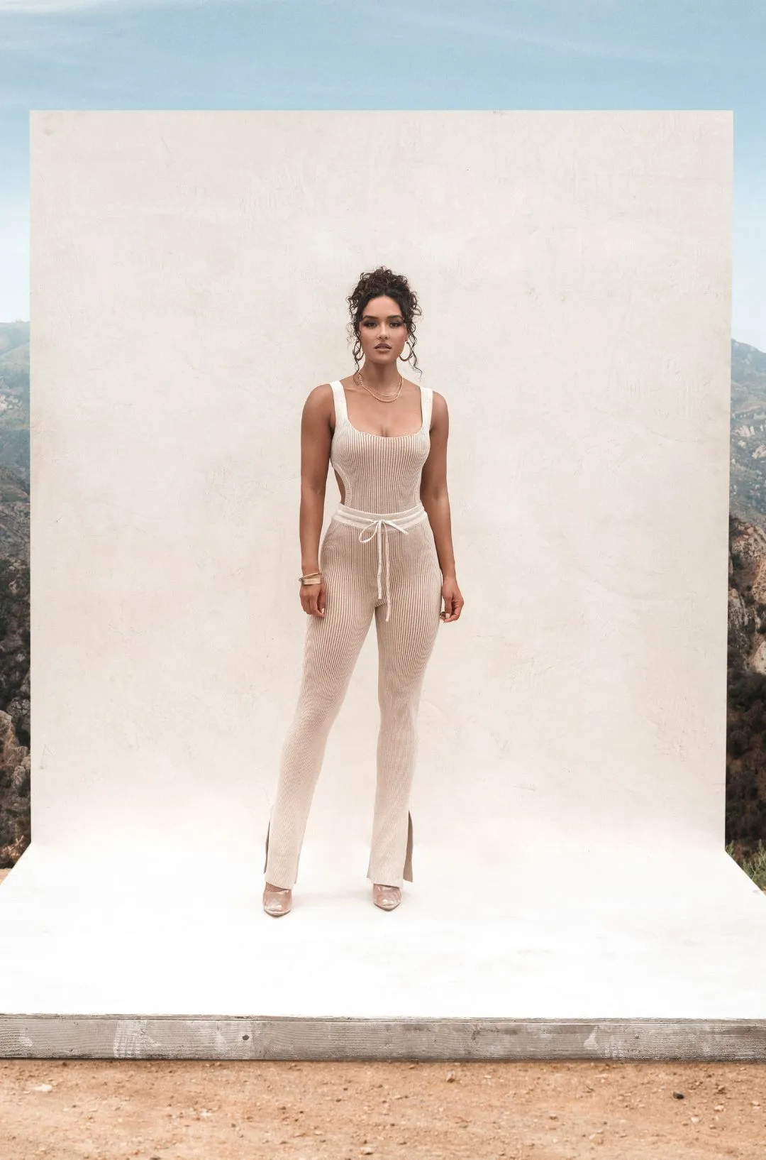 Taupe/White Deana Ribbed Bodysuit