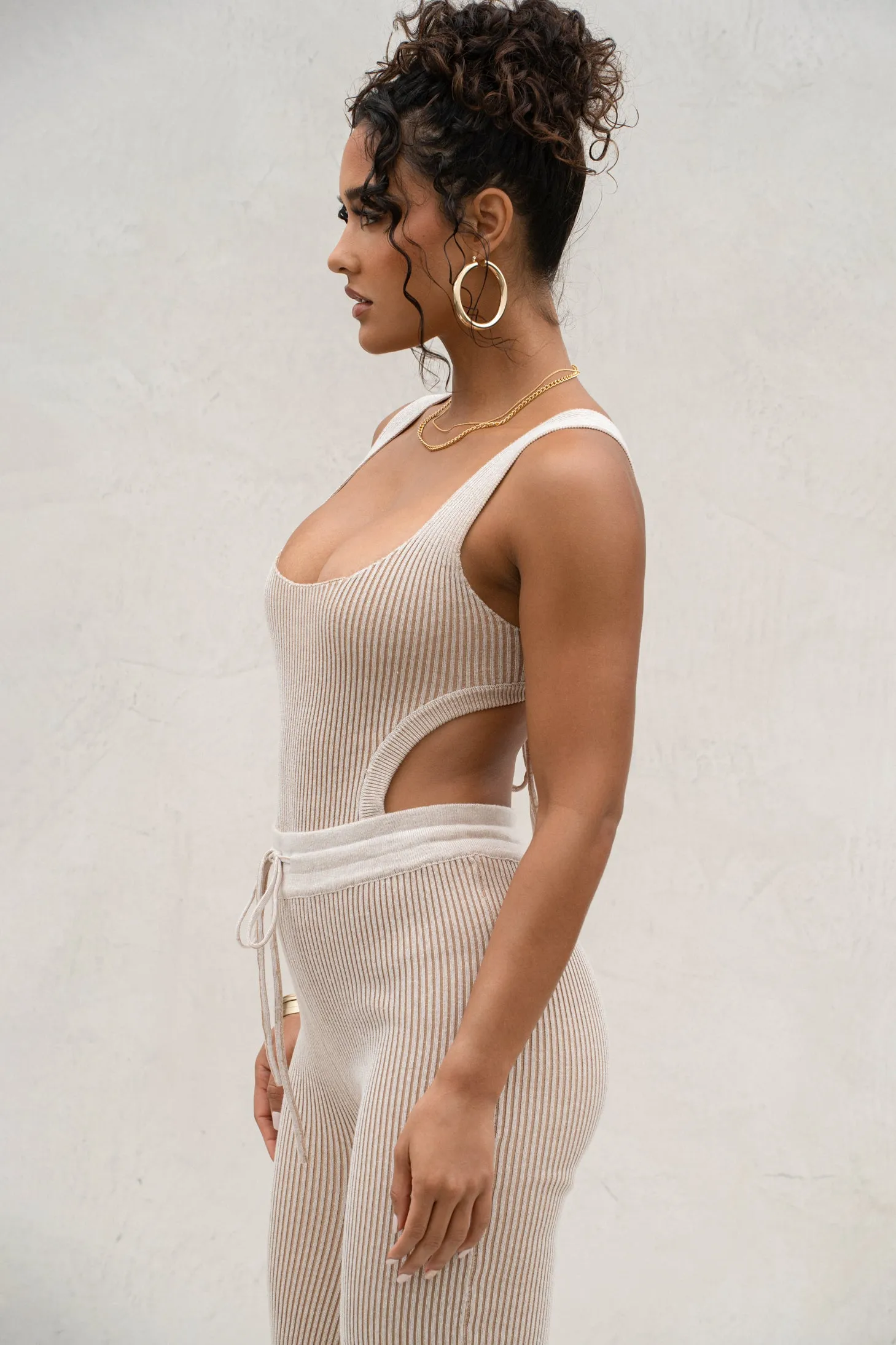 Taupe/White Deana Ribbed Bodysuit