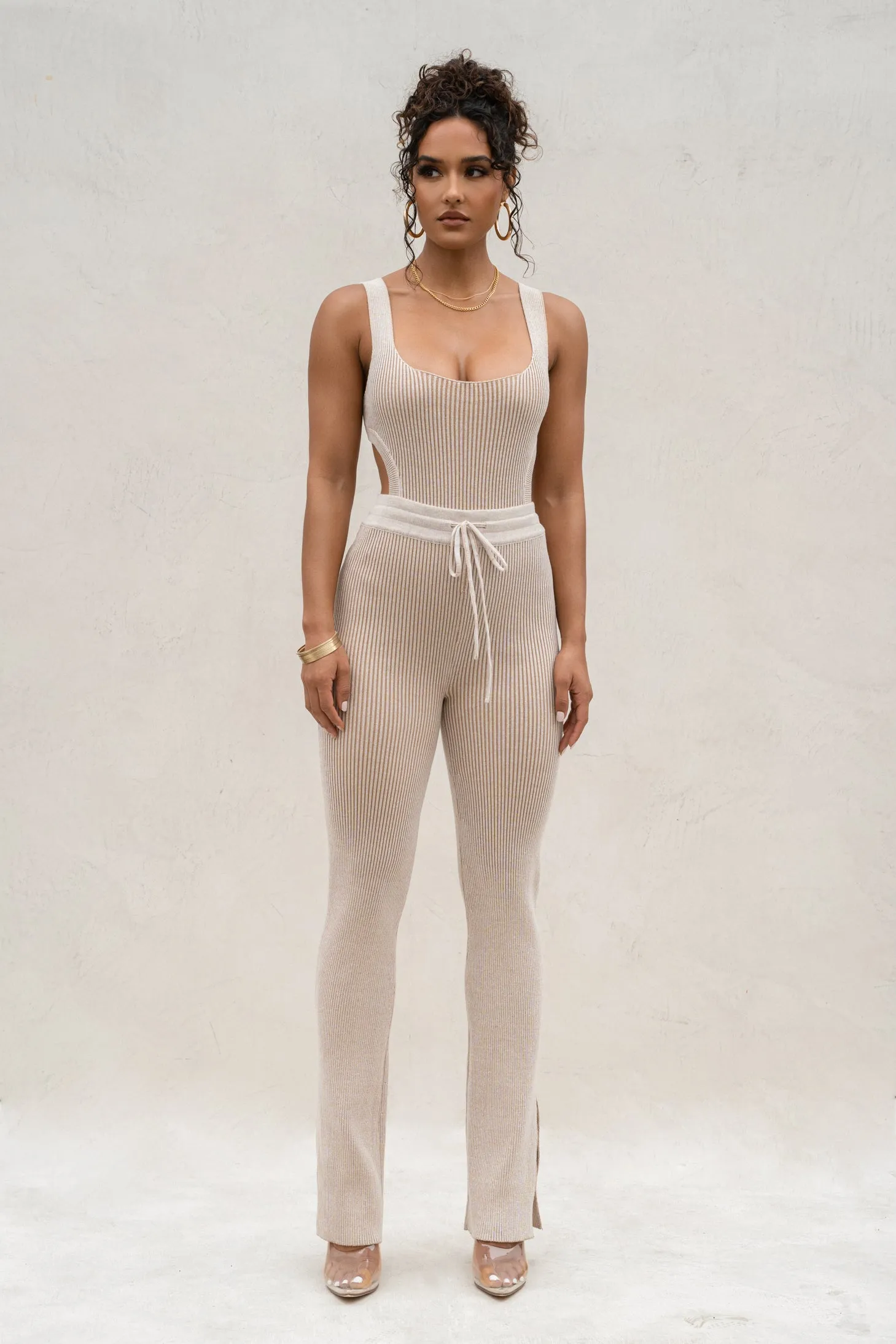 Taupe/White Deana Ribbed Bodysuit