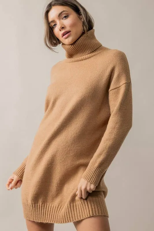 Teal Thick Turtleneck Loose Fit Knit Sweater Dress